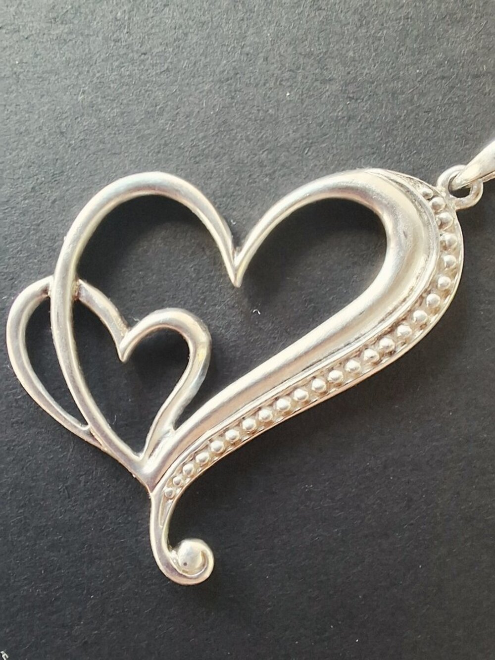 Sterling Silver Double Heart Pendant – Beaded Accent – 925 AJR Mark